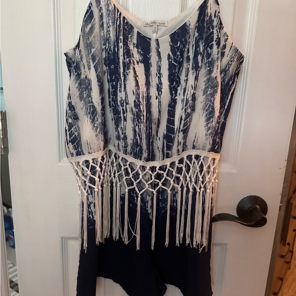 Charlotte Russe Blue and White Printed Romper